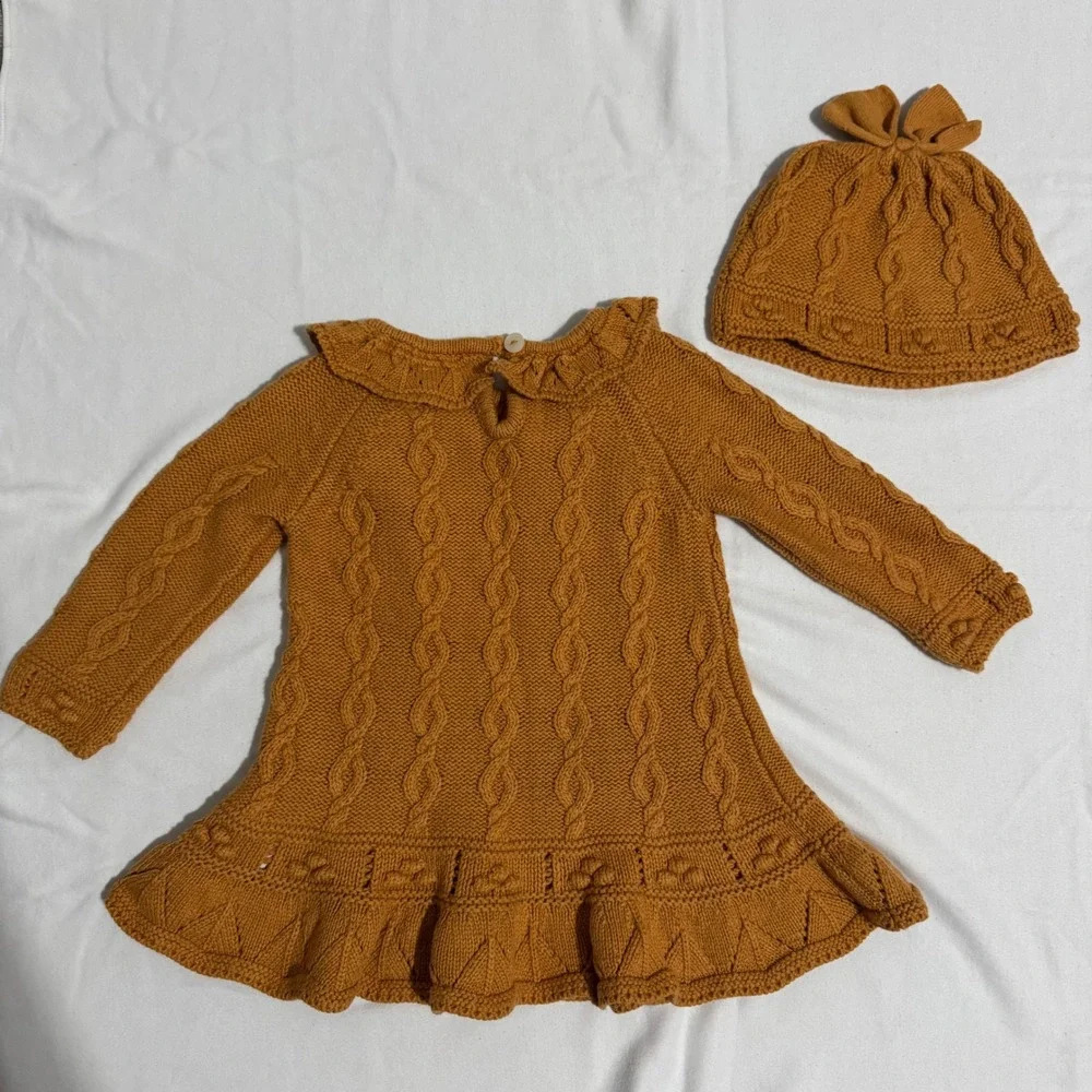3-6M Cupcakes and Cashmere Baby Girl Mustard Cable Knit Sweater Dress‎ Hat Set